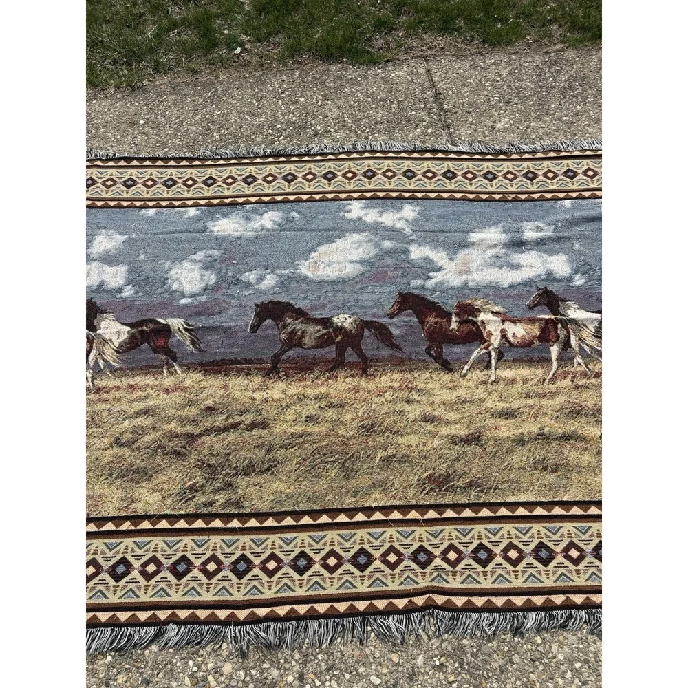 Vintage 90s C. Cummings Horses Fringe Throw Tapestry Blanket 13 FEET X 64 Inches